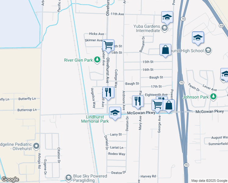 map of restaurants, bars, coffee shops, grocery stores, and more near 4336 College Way in Olivehurst