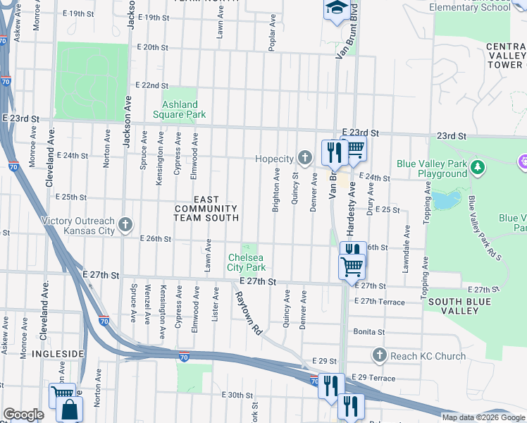 map of restaurants, bars, coffee shops, grocery stores, and more near 2507 Poplar Avenue in Kansas City