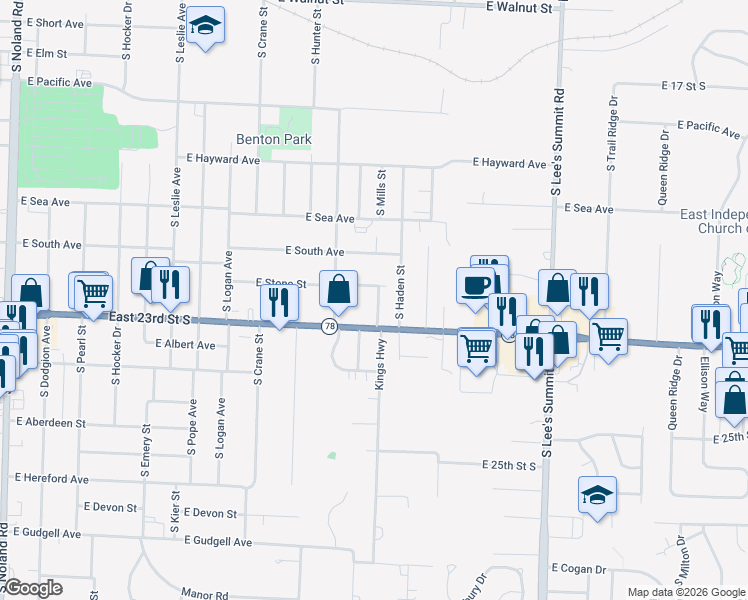 map of restaurants, bars, coffee shops, grocery stores, and more near 1106 Kings Highway in Independence