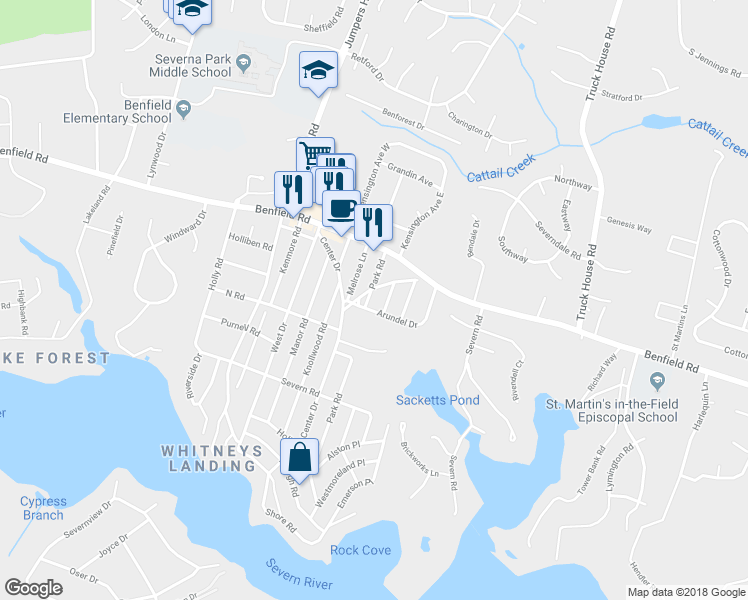 map of restaurants, bars, coffee shops, grocery stores, and more near 543 Park Road in Severna Park