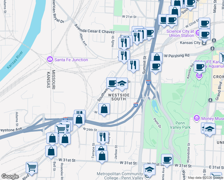 map of restaurants, bars, coffee shops, grocery stores, and more near in Kansas City