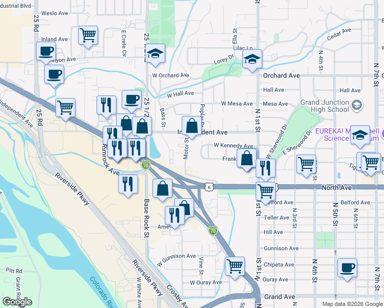 map of restaurants, bars, coffee shops, grocery stores, and more near 1360 Motor Street in Grand Junction