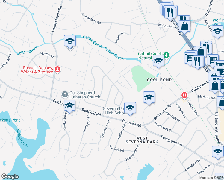 map of restaurants, bars, coffee shops, grocery stores, and more near 309 Balsam Drive in Severna Park