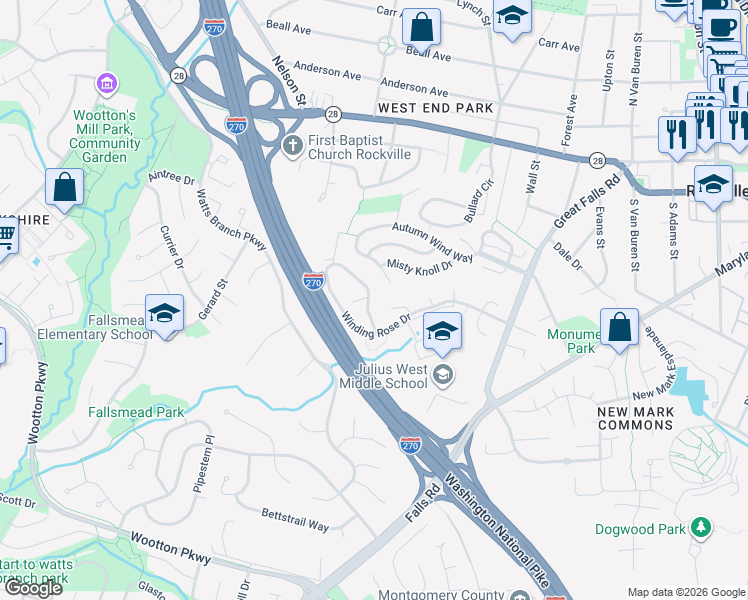 map of restaurants, bars, coffee shops, grocery stores, and more near 433 Winding Rose Drive in Rockville
