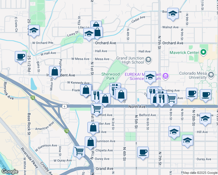 map of restaurants, bars, coffee shops, grocery stores, and more near 1354 East Sherwood Drive in Grand Junction