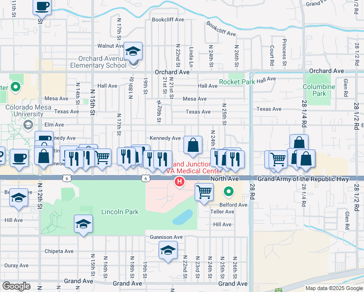 map of restaurants, bars, coffee shops, grocery stores, and more near 1343 North 22nd Street in Grand Junction