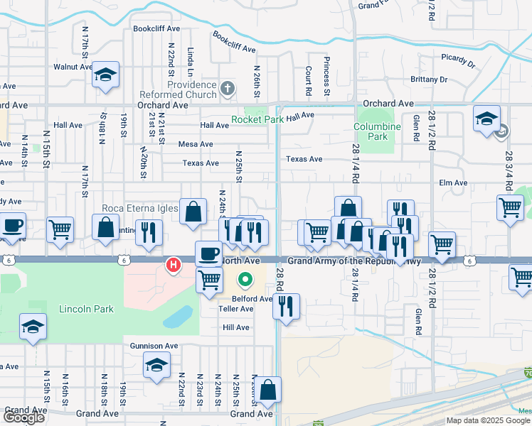 map of restaurants, bars, coffee shops, grocery stores, and more near 2631 Kennedy Avenue in Grand Junction