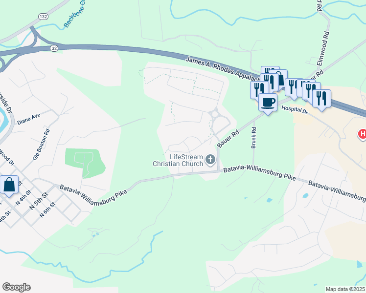 map of restaurants, bars, coffee shops, grocery stores, and more near 4295 Hickory Park Lane in Batavia