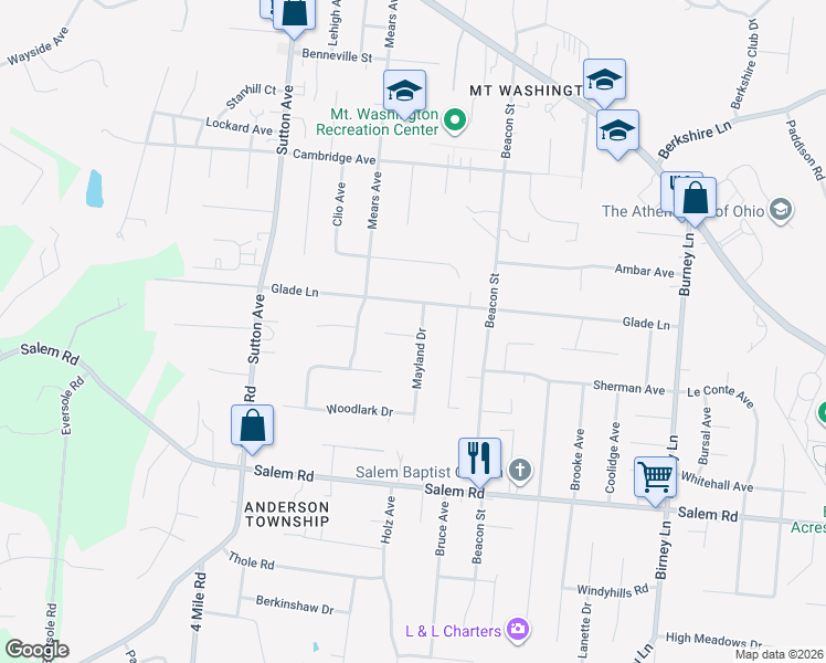 map of restaurants, bars, coffee shops, grocery stores, and more near 1433 Mayland Drive in Cincinnati