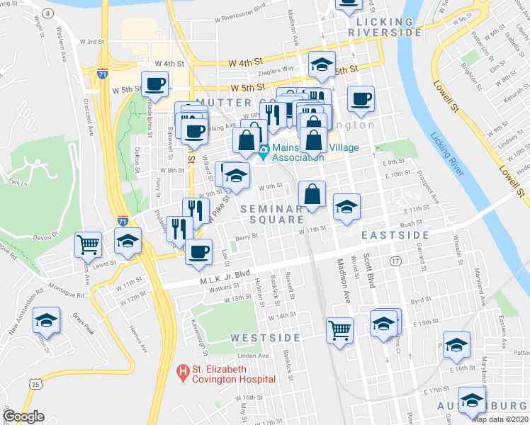 map of restaurants, bars, coffee shops, grocery stores, and more near 1016 Banklick Street in Covington