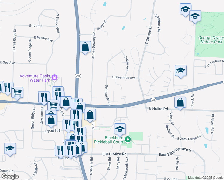 map of restaurants, bars, coffee shops, grocery stores, and more near 2116 Aqueduct Place in Independence