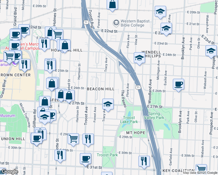map of restaurants, bars, coffee shops, grocery stores, and more near 1310 East 26th Street in Kansas City