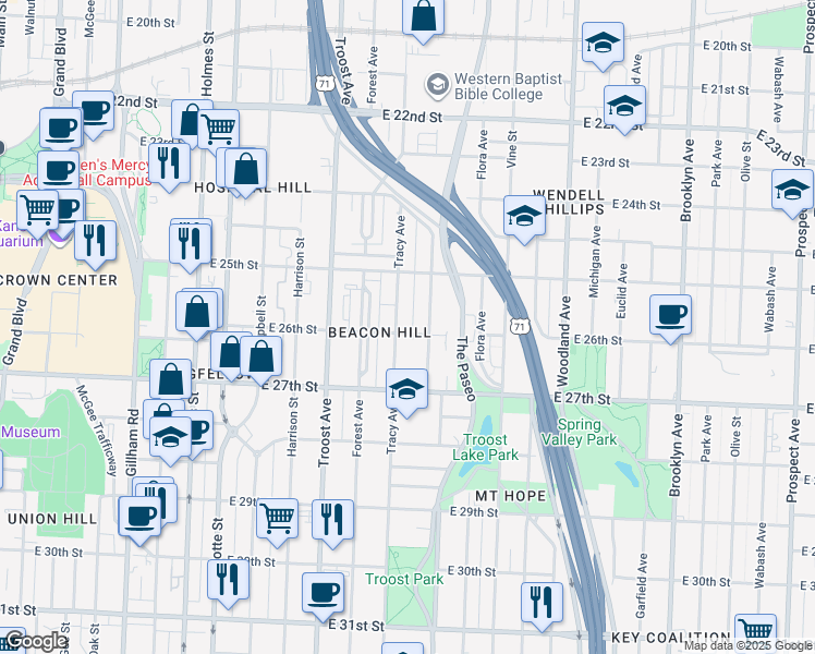 map of restaurants, bars, coffee shops, grocery stores, and more near 1310 East 26th Street in Kansas City