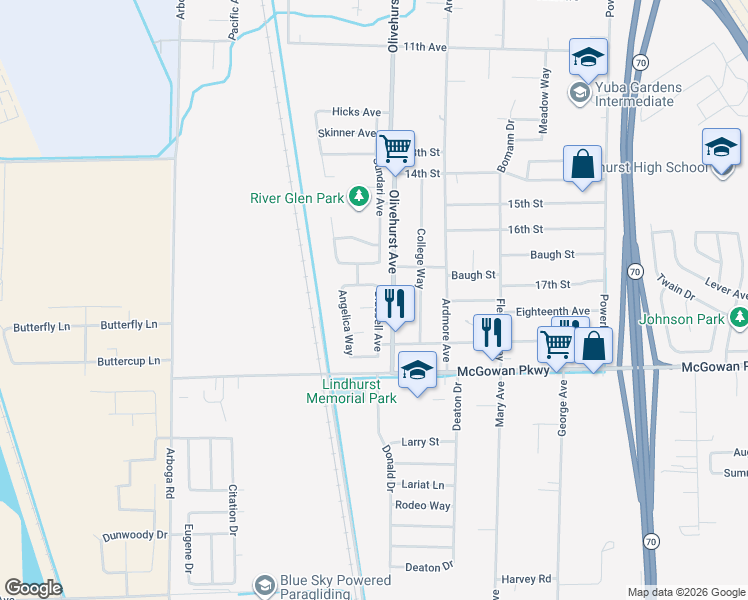 map of restaurants, bars, coffee shops, grocery stores, and more near 1771 Bellis Court in Olivehurst
