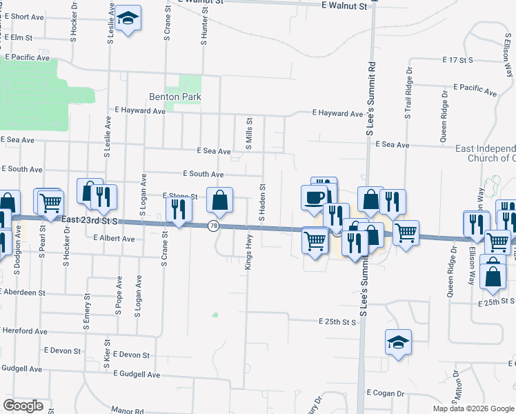 map of restaurants, bars, coffee shops, grocery stores, and more near 1106 Kings Highway in Independence