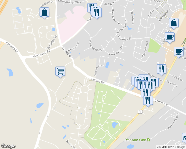 map of restaurants, bars, coffee shops, grocery stores, and more near 13802 Clarkwood Lane in Laurel
