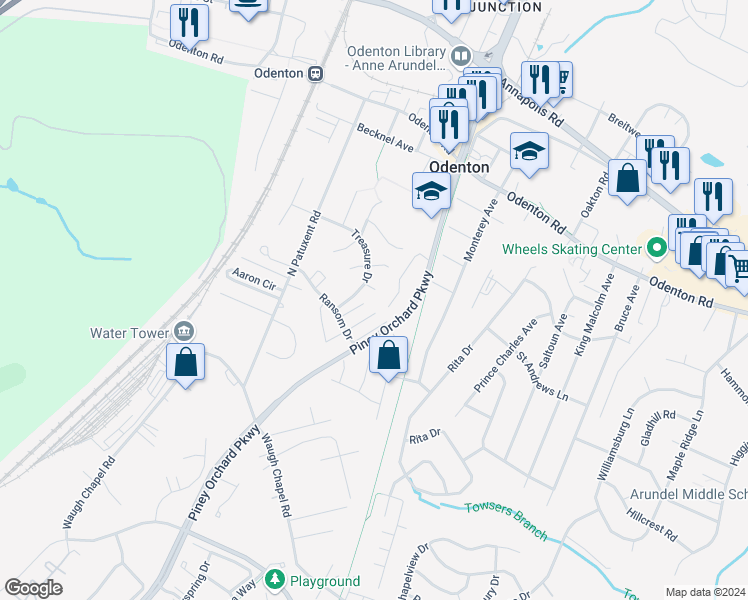 map of restaurants, bars, coffee shops, grocery stores, and more near 495 Peach Tree Court in Odenton
