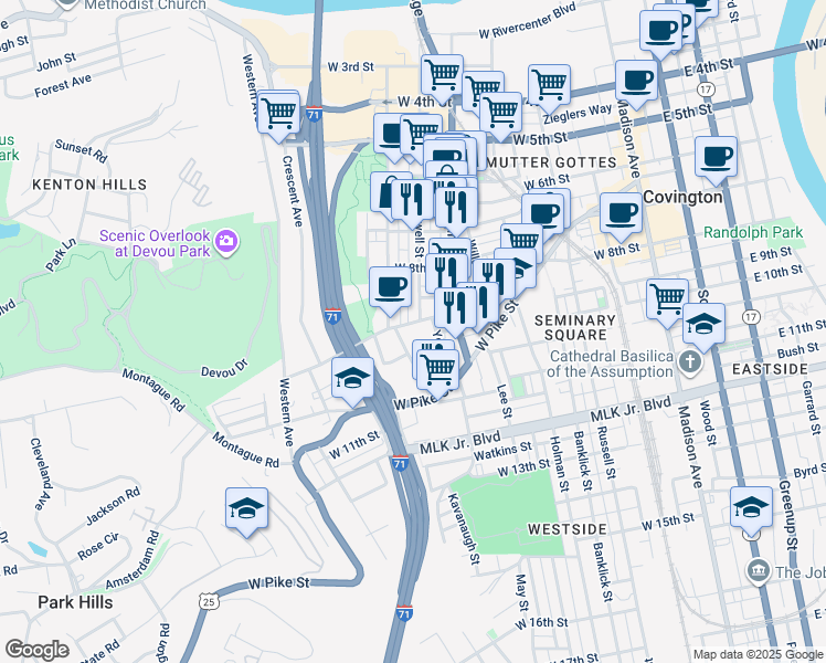map of restaurants, bars, coffee shops, grocery stores, and more near 507 W 9th St in Covington