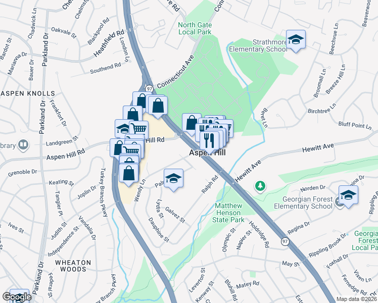 map of restaurants, bars, coffee shops, grocery stores, and more near 13700 Georgia Avenue in Silver Spring