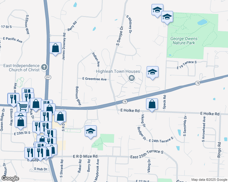 map of restaurants, bars, coffee shops, grocery stores, and more near 2137 South Swope Drive in Independence