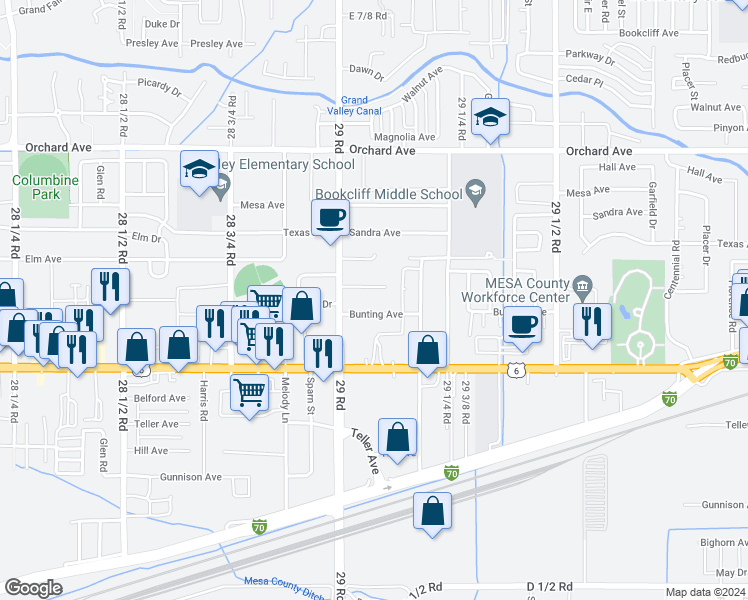 map of restaurants, bars, coffee shops, grocery stores, and more near 2912 Bunting Avenue in Grand Junction
