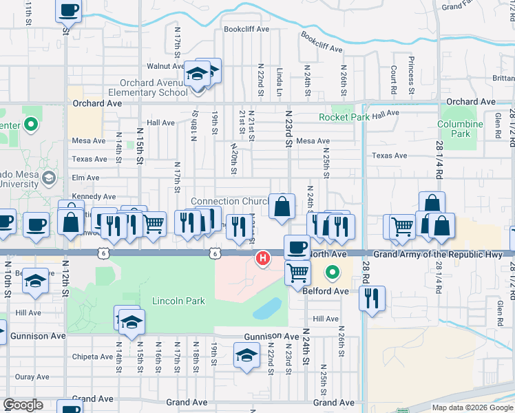 map of restaurants, bars, coffee shops, grocery stores, and more near 1343 North 22nd Street in Grand Junction