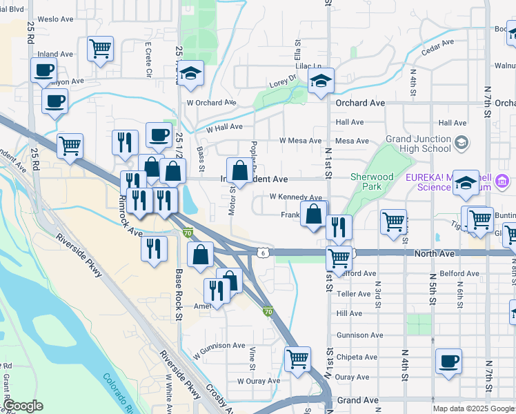 map of restaurants, bars, coffee shops, grocery stores, and more near 1360 Motor Street in Grand Junction