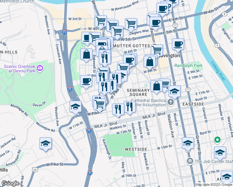 map of restaurants, bars, coffee shops, grocery stores, and more near 337 West Pike Street in Covington