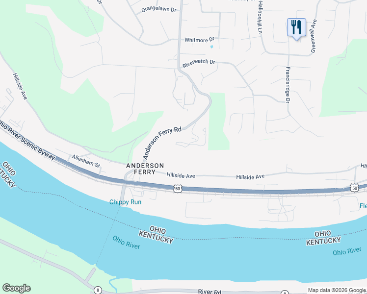 map of restaurants, bars, coffee shops, grocery stores, and more near 106 Anderson Ferry Road in Cincinnati