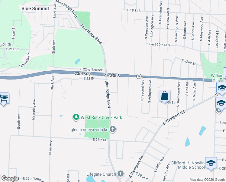 map of restaurants, bars, coffee shops, grocery stores, and more near 2324 Blue Ridge Terrace in Independence