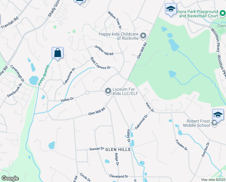 map of restaurants, bars, coffee shops, grocery stores, and more near 13600 Glen Mill Road in Rockville
