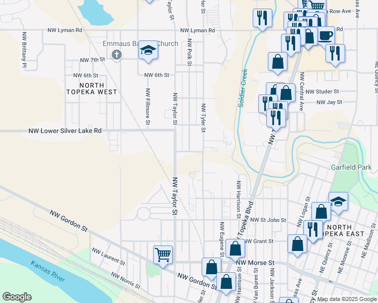 map of restaurants, bars, coffee shops, grocery stores, and more near 901 Northwest Waddell Street in Topeka