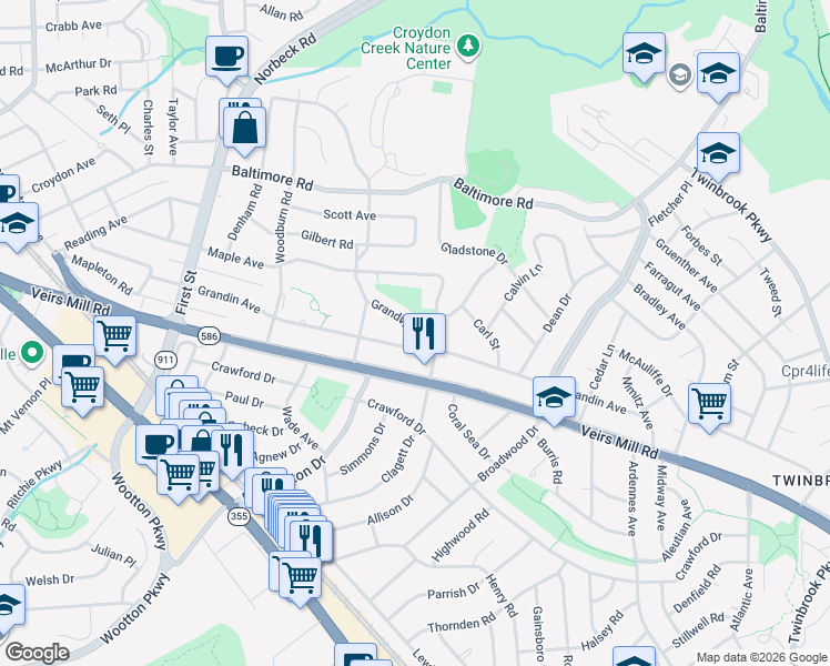 map of restaurants, bars, coffee shops, grocery stores, and more near 22 Grandin Circle in Rockville