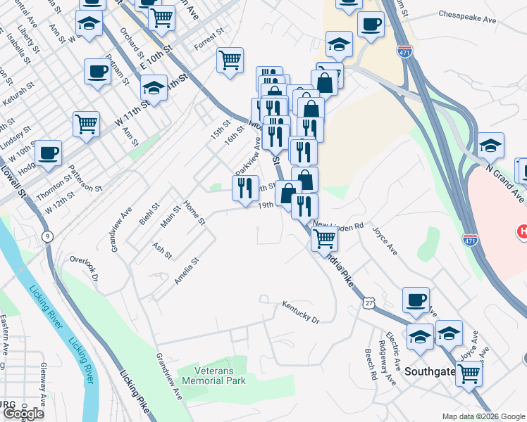 map of restaurants, bars, coffee shops, grocery stores, and more near 28 19th Street in Newport