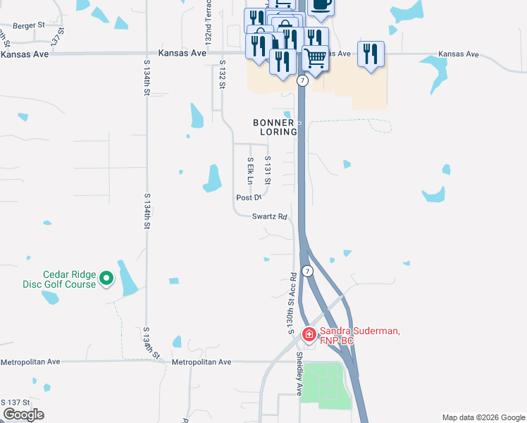 map of restaurants, bars, coffee shops, grocery stores, and more near 13100 Swartz Road in Bonner Springs
