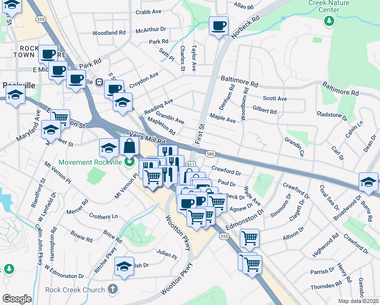 map of restaurants, bars, coffee shops, grocery stores, and more near 809 Veirs Mill Road in Rockville