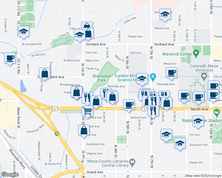 map of restaurants, bars, coffee shops, grocery stores, and more near 315 Kennedy Avenue in Grand Junction