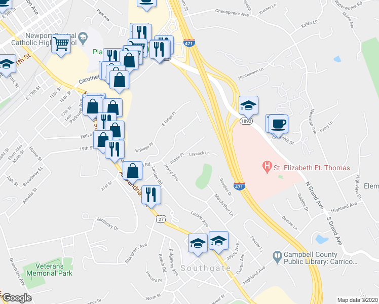 map of restaurants, bars, coffee shops, grocery stores, and more near 338 Riddle Place in Newport
