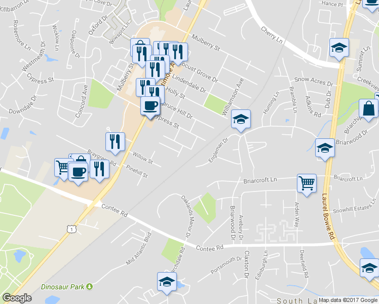map of restaurants, bars, coffee shops, grocery stores, and more near 8413 Maple Street in Laurel
