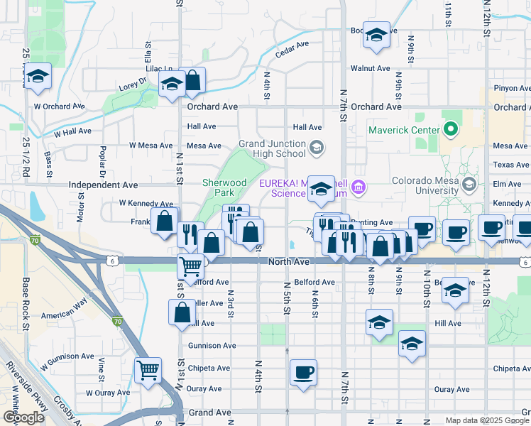 map of restaurants, bars, coffee shops, grocery stores, and more near 403 Kennedy Avenue in Grand Junction