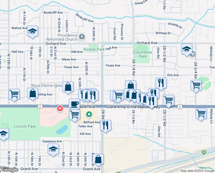 map of restaurants, bars, coffee shops, grocery stores, and more near 2810 Bunting Avenue in Grand Junction