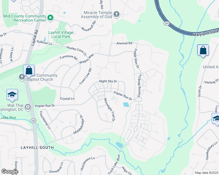 map of restaurants, bars, coffee shops, grocery stores, and more near 13610 Stargazer Lane in Silver Spring
