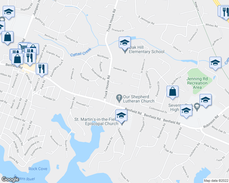 map of restaurants, bars, coffee shops, grocery stores, and more near 402 Maryfield Road in Severna Park