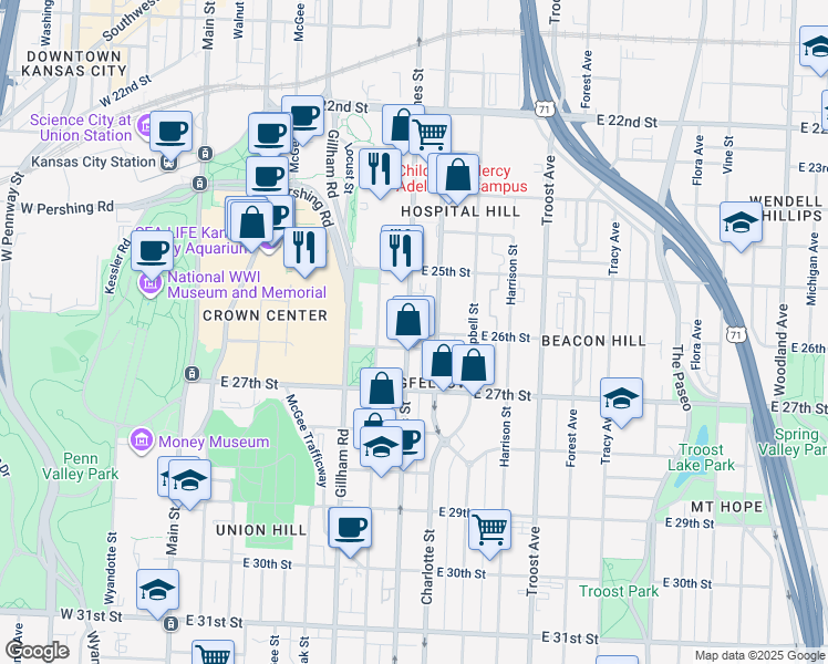 map of restaurants, bars, coffee shops, grocery stores, and more near 2551 Holmes Street in Kansas City