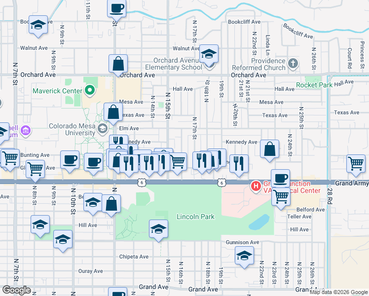map of restaurants, bars, coffee shops, grocery stores, and more near 1306 North 16th Street in Grand Junction