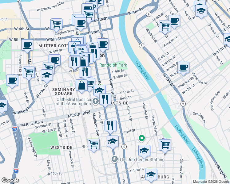 map of restaurants, bars, coffee shops, grocery stores, and more near 1056 Greenup Street in Covington