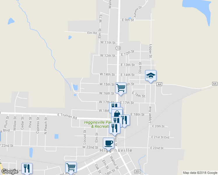 map of restaurants, bars, coffee shops, grocery stores, and more near 1504 Walnut Street in Higginsville