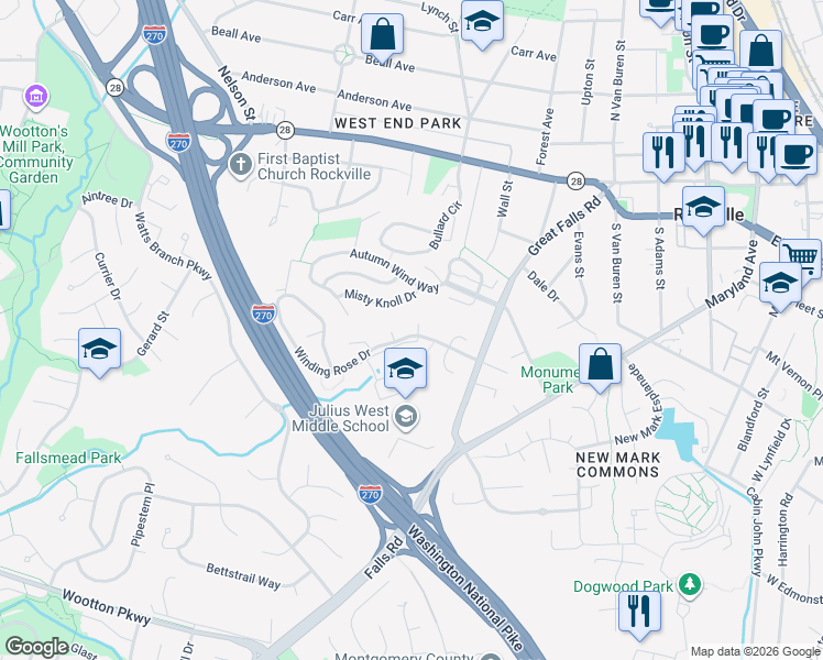 map of restaurants, bars, coffee shops, grocery stores, and more near 4 Mojave Court in Rockville