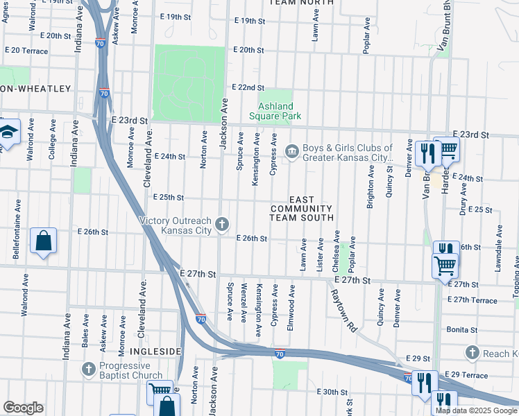 map of restaurants, bars, coffee shops, grocery stores, and more near 2515 Kensington Avenue in Kansas City