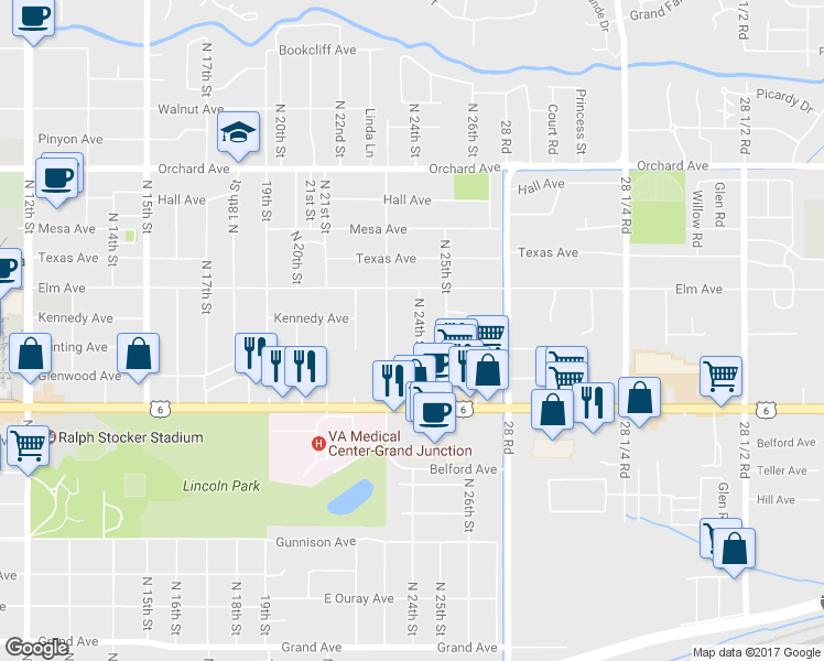 map of restaurants, bars, coffee shops, grocery stores, and more near 1340 North 24th Street in Grand Junction